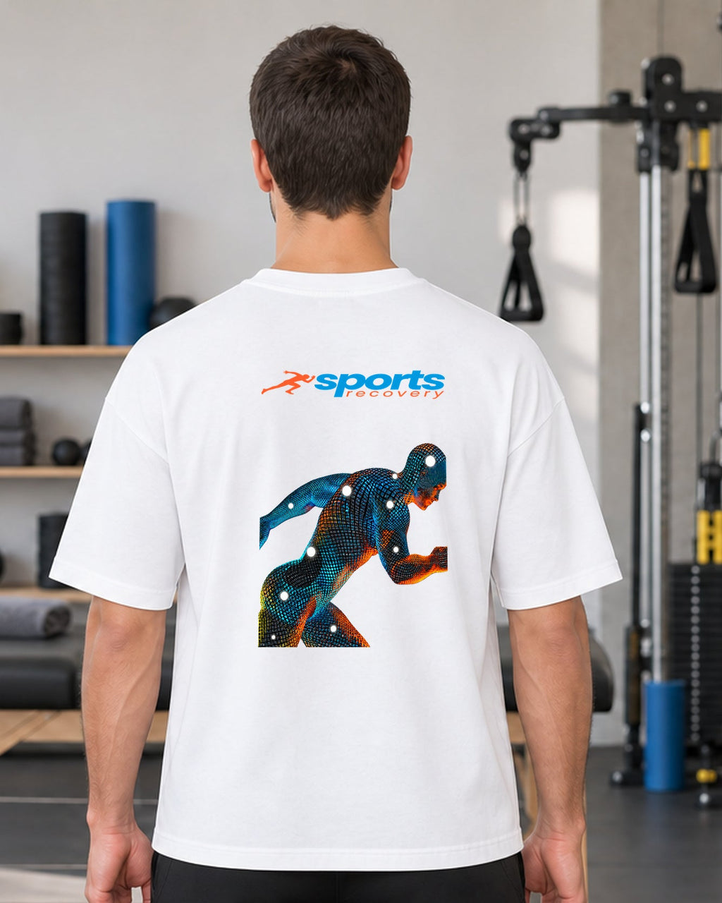 SPORTS RECOVERY 05 Beyaz Premium Oversize Tişört — erkek manken arka görünüm