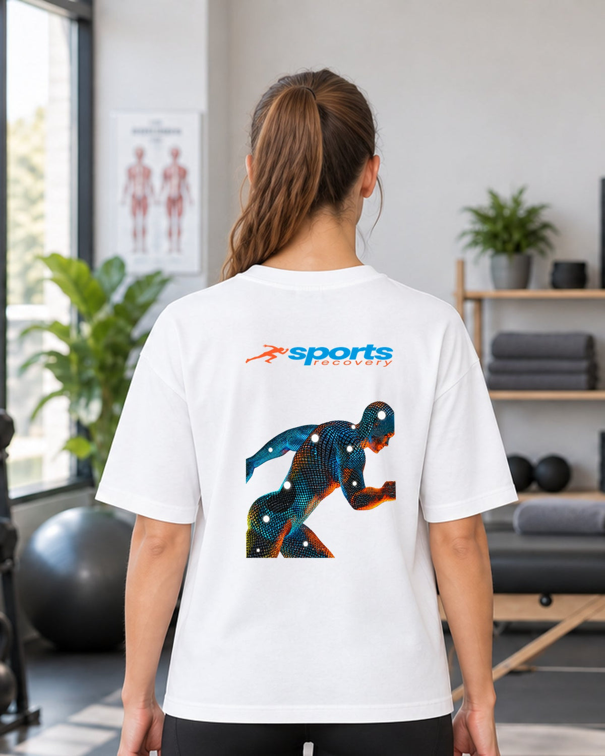 SPORTS RECOVERY 05 Beyaz Premium Oversize Tişört — kadın manken arka görünüm