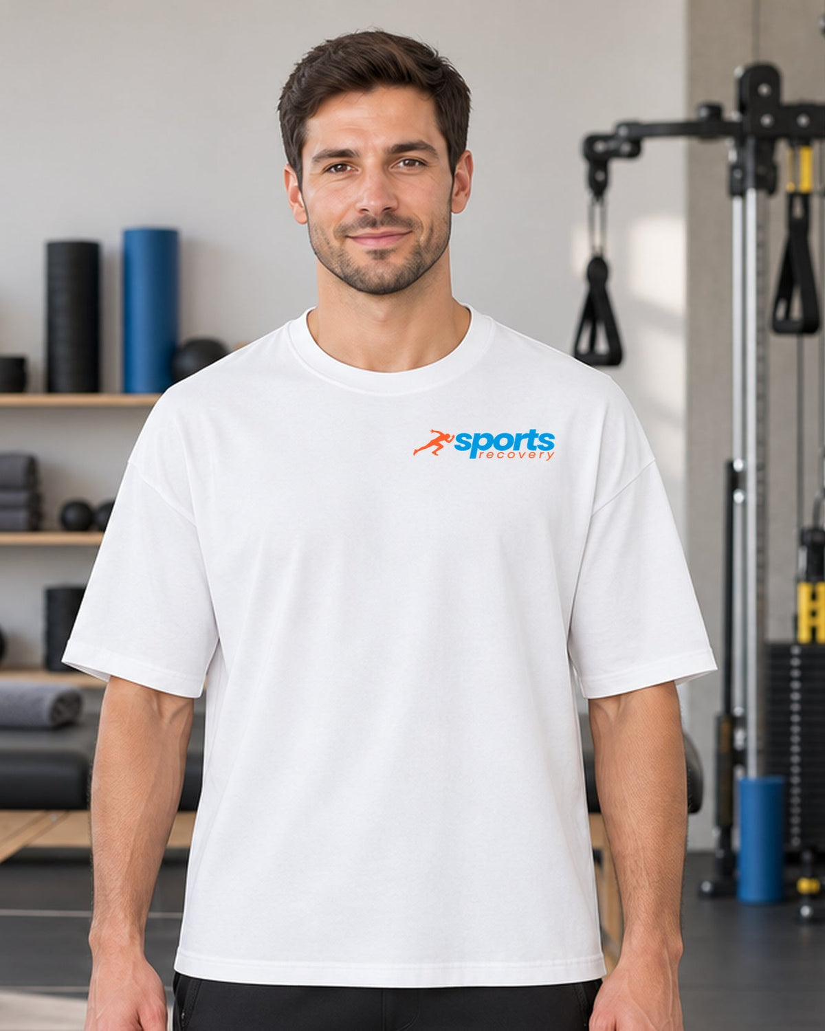 SPORTS RECOVERY 05 Beyaz Premium Oversize Tişört — erkek manken ön görünüm