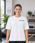 SPORTS RECOVERY 05 Beyaz Premium Oversize Tişört — kadın manken ön görünüm