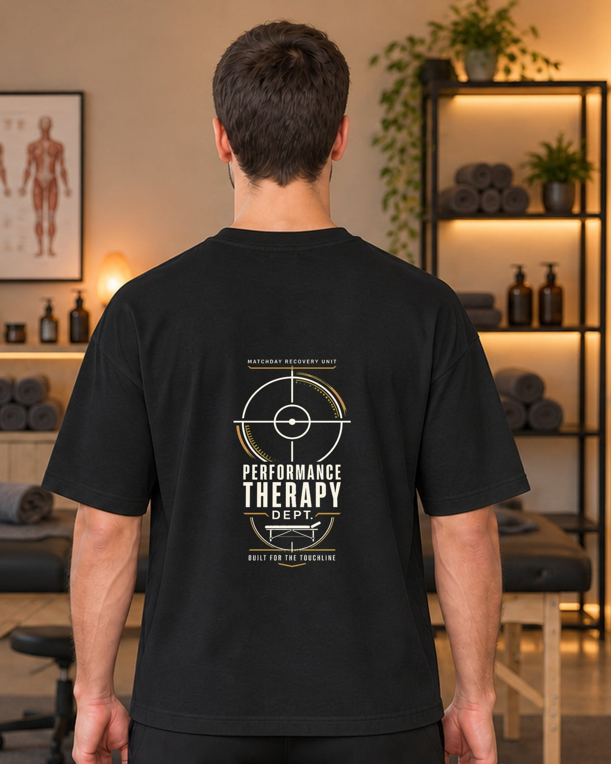 SPORTS RECOVERY 06 Siyah Premium Oversize Tişört — erkek manken arka görünüm