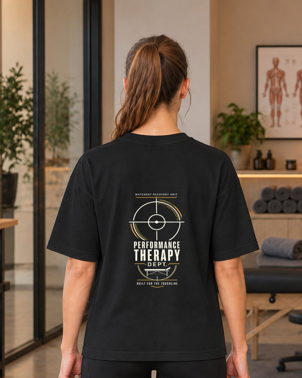 SPORTS RECOVERY 06 Siyah Premium Oversize Tişört — kadın manken arka görünüm