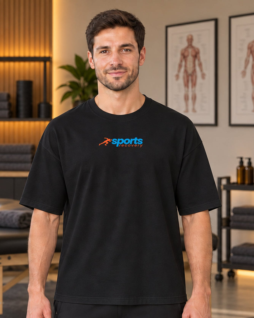 SPORTS RECOVERY 06 Siyah Premium Oversize Tişört — erkek manken ön görünüm