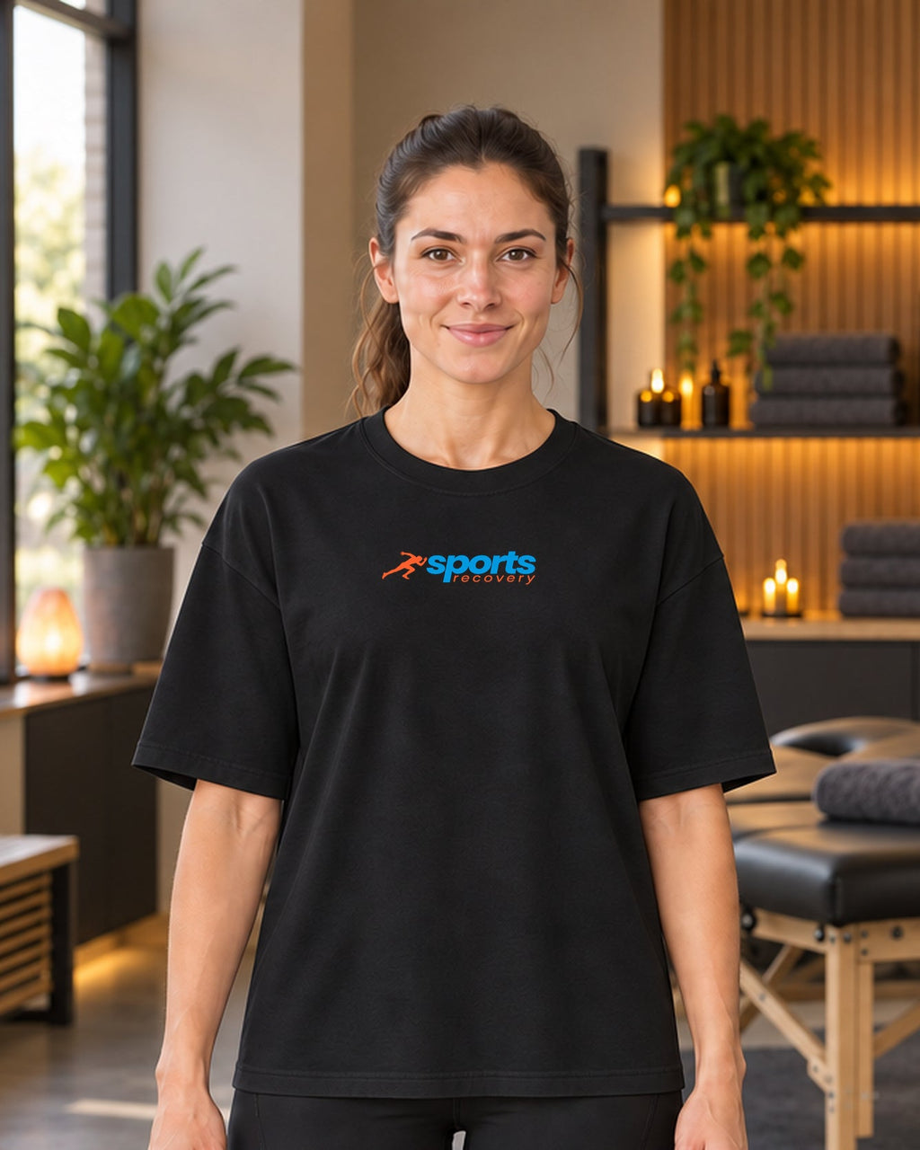 SPORTS RECOVERY 06 Siyah Premium Oversize Tişört — kadın manken ön görünüm