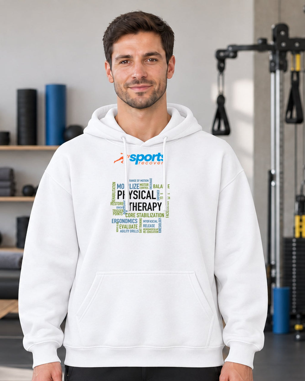 SPORTS RECOVERY 07 Beyaz Premium Oversize Hoodie — erkek manken ön görünüm