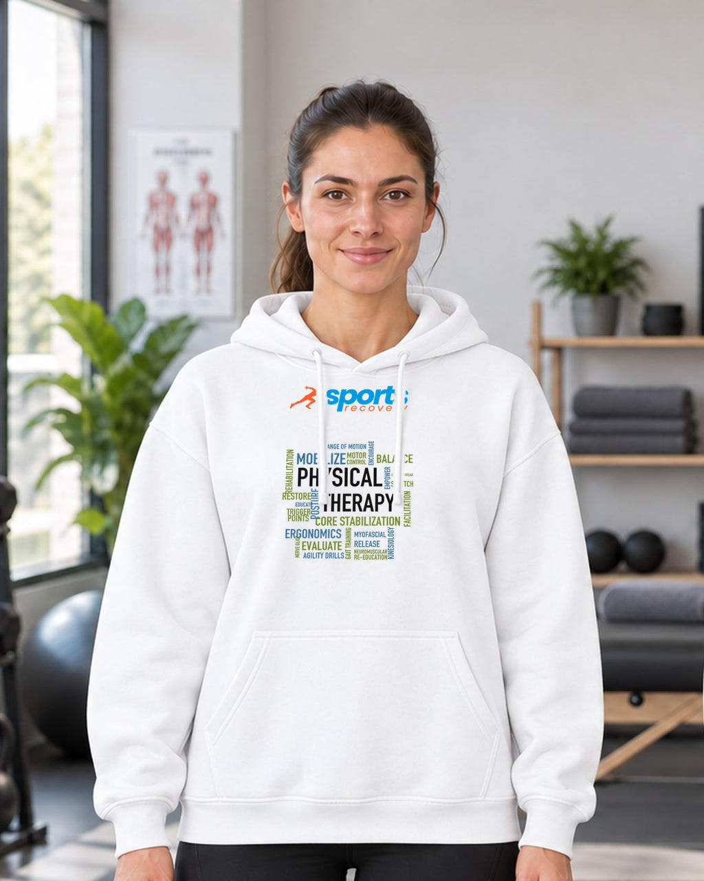 SPORTS RECOVERY 07 Beyaz Premium Oversize Hoodie — kadın manken ön görünüm