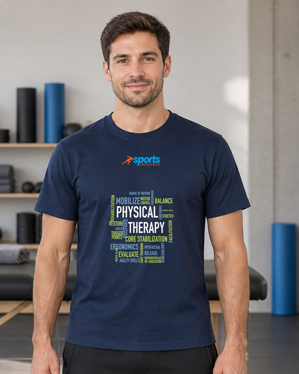 SPORTS RECOVERY 08 Lacivert Basic Tişört — erkek manken ön görünüm