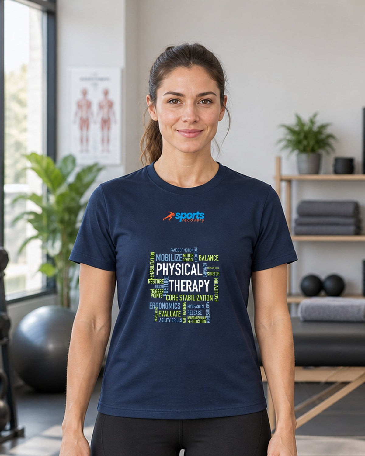 SPORTS RECOVERY 08 Lacivert Basic Tişört — kadın manken ön görünüm