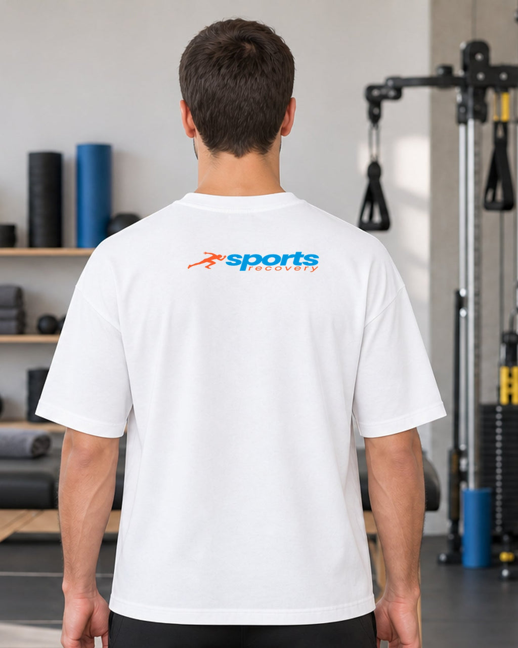 SPORTS RECOVERY 09 Beyaz Premium Oversize Tişört — erkek manken arka görünüm