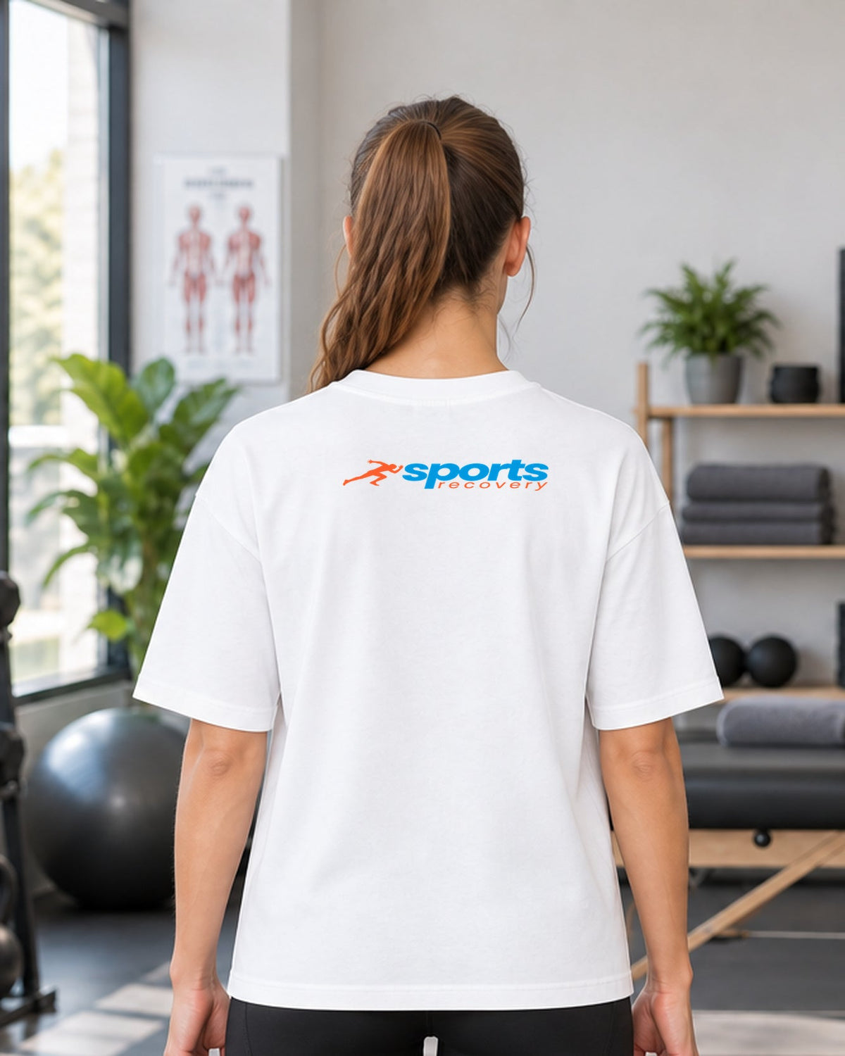 SPORTS RECOVERY 09 Beyaz Premium Oversize Tişört — kadın manken arka görünüm