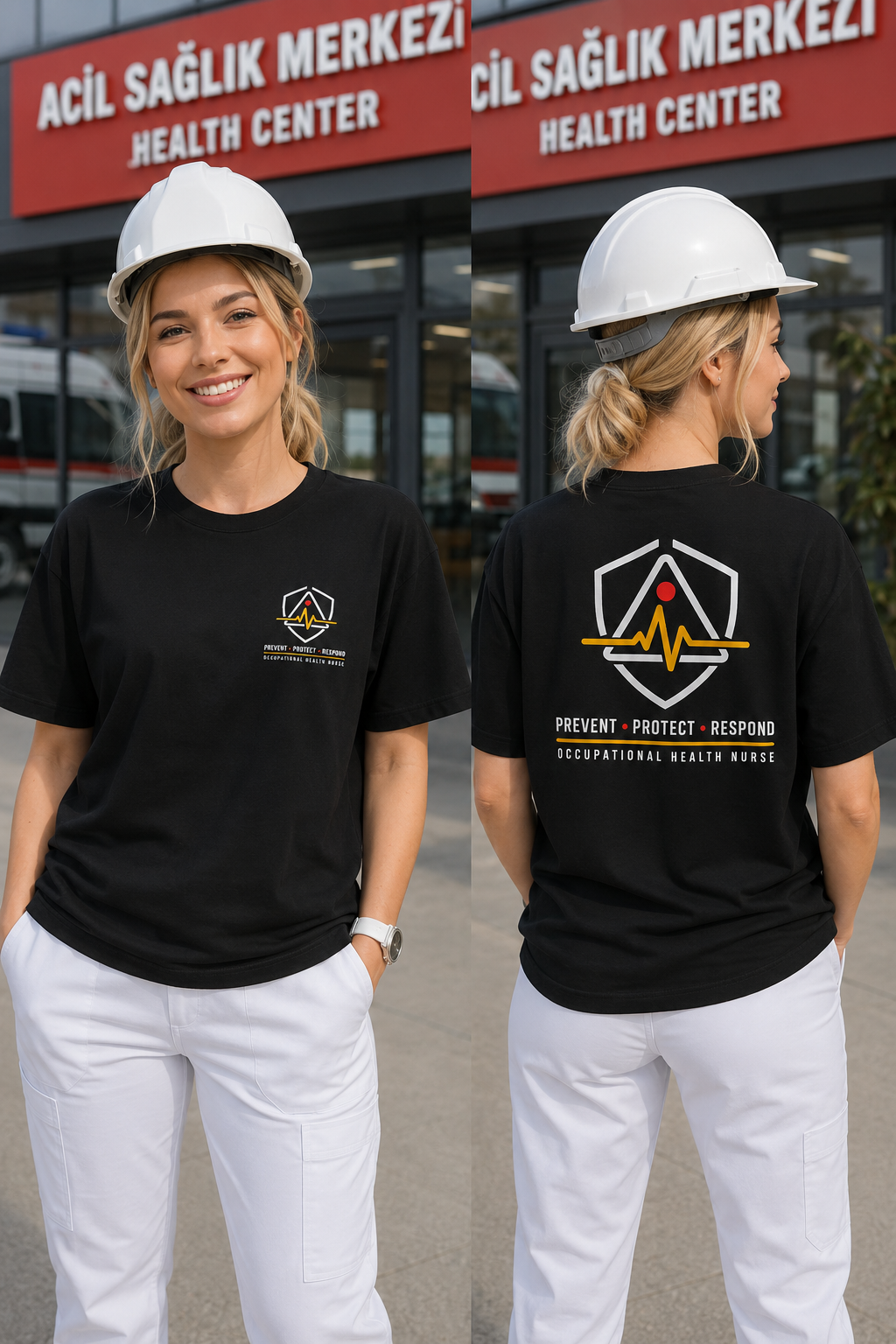 İSG-DSP-İH EDITION — PREVENT • PROTECT • RESPOND — İŞYERİ HEMŞİRESİ — SİYAH PREMIUM, mankenli ürün kapak görseli