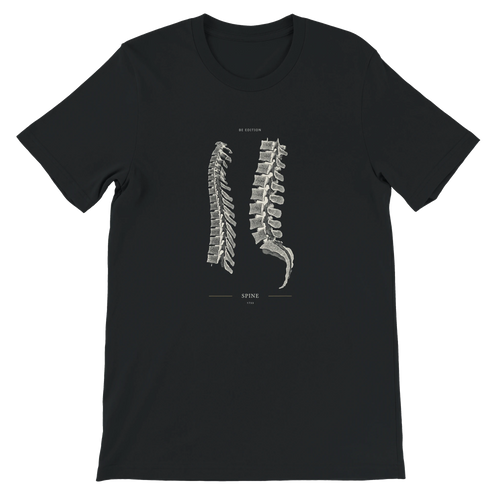 Straight front view of the SPINE 1733 black unisex T-shirt and anatomical print placement