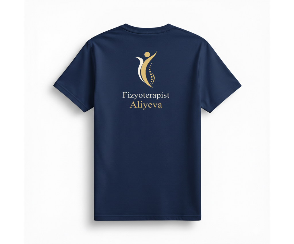 PT-DSG-3822 lacivert tişört, sırtta altın ve ivory Fizyoterapist Aliyeva logosu.