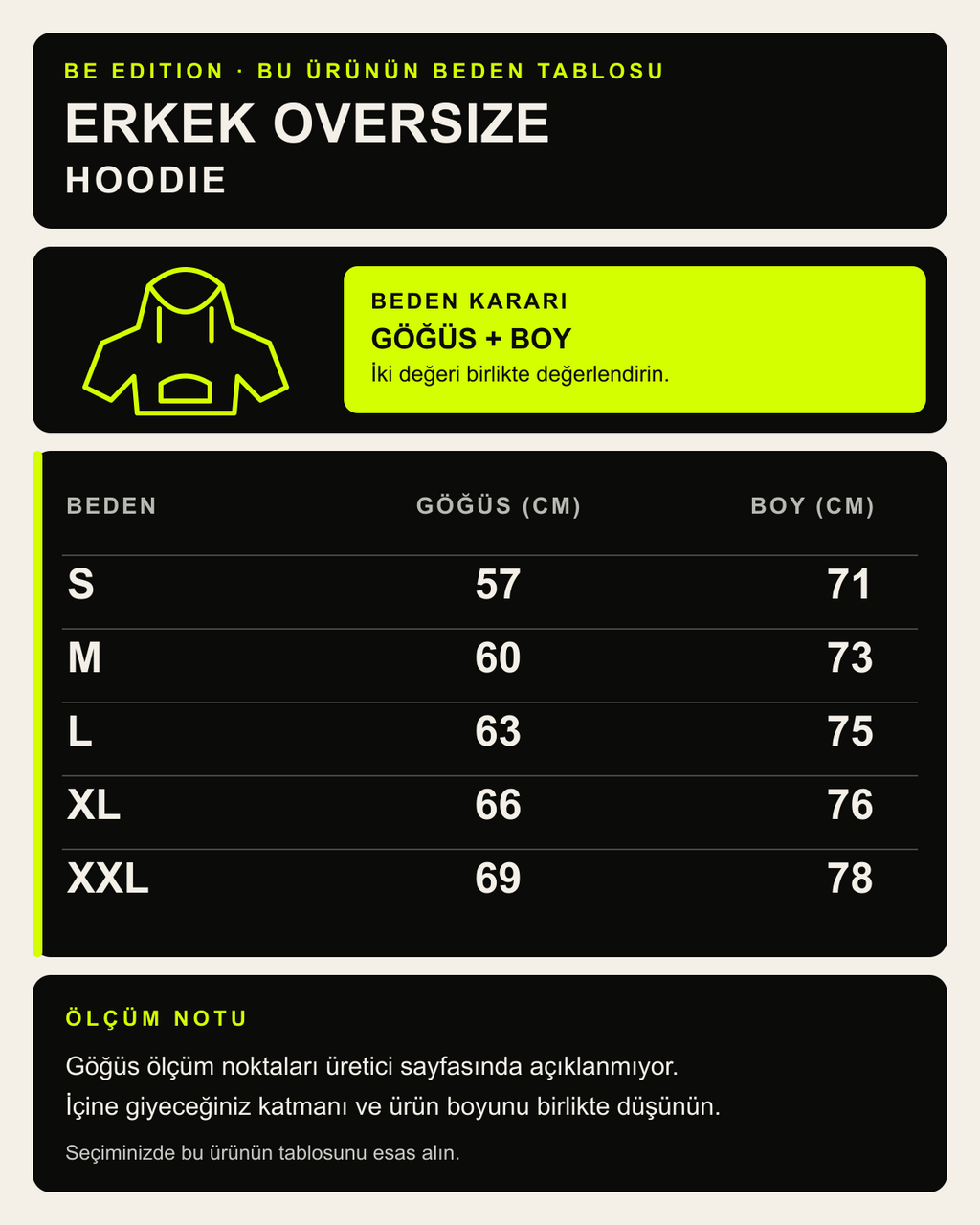 BE EDITION Premium erkek oversize hoodie beden ve kalıp tablosu