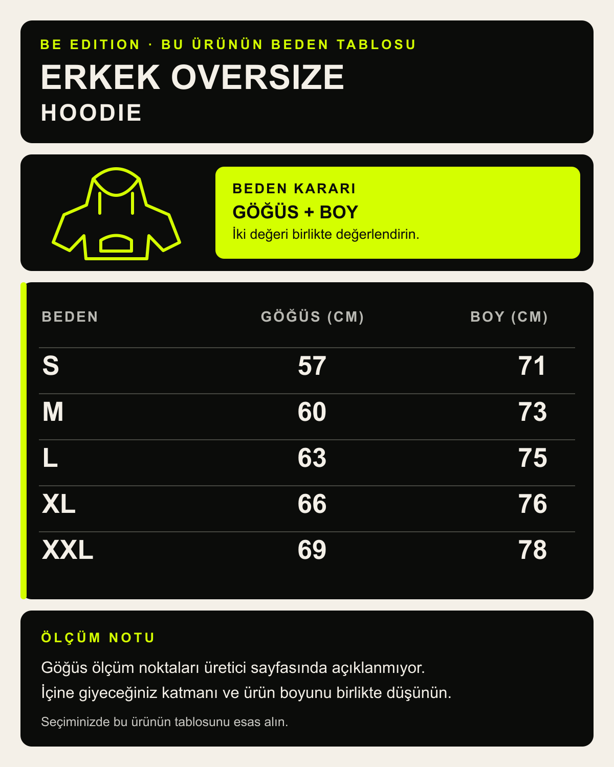 BE EDITION Premium erkek oversize hoodie beden ve kalıp tablosu