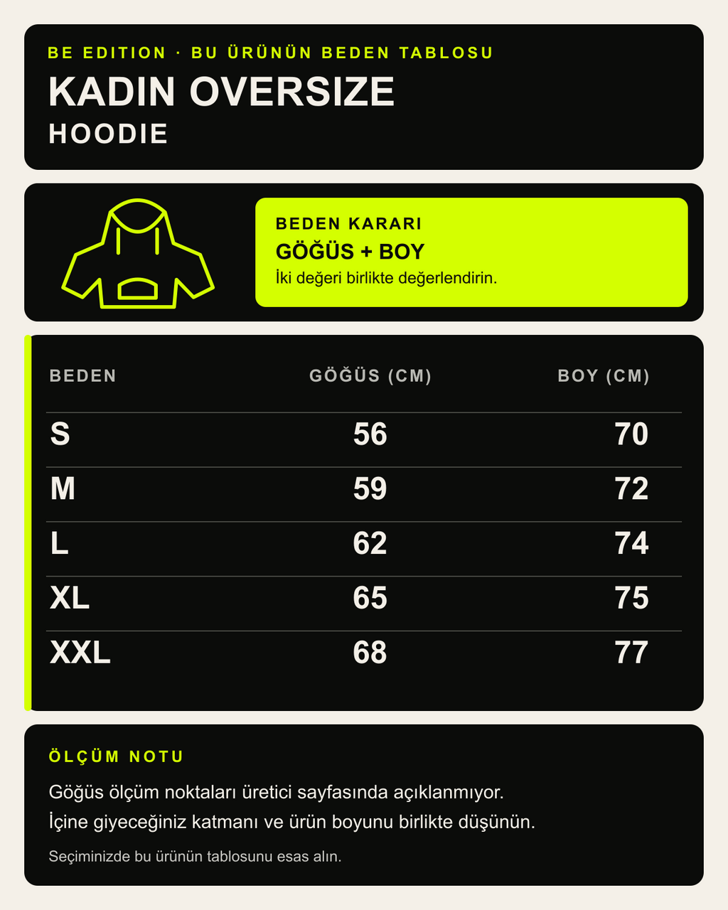BE EDITION Premium kadın oversize hoodie beden ve kalıp tablosu