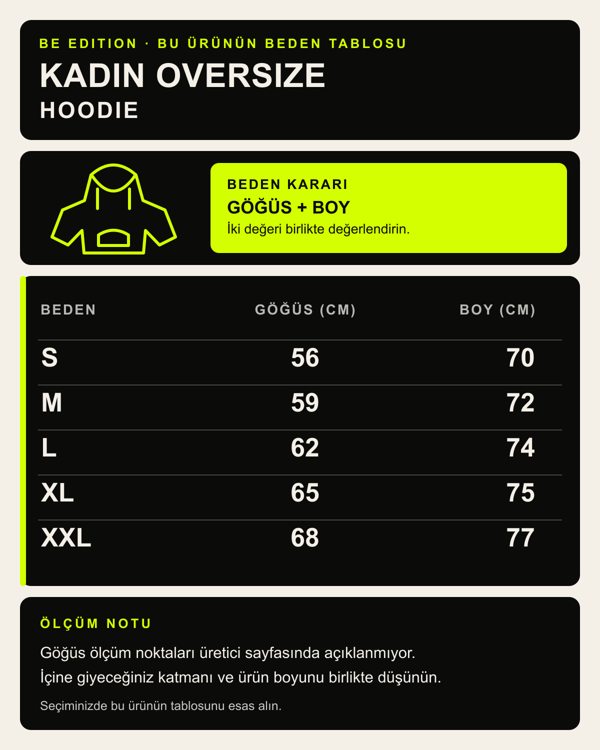 BE EDITION Premium kadın oversize hoodie beden ve kalıp tablosu