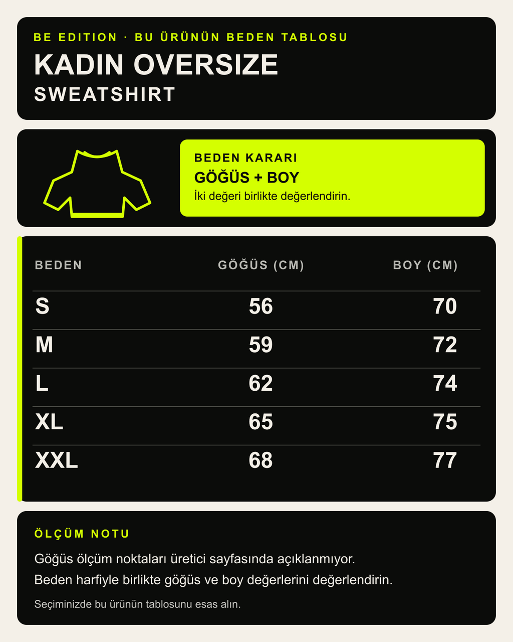 BE EDITION Premium kadın oversize sweatshirt beden ve kalıp tablosu