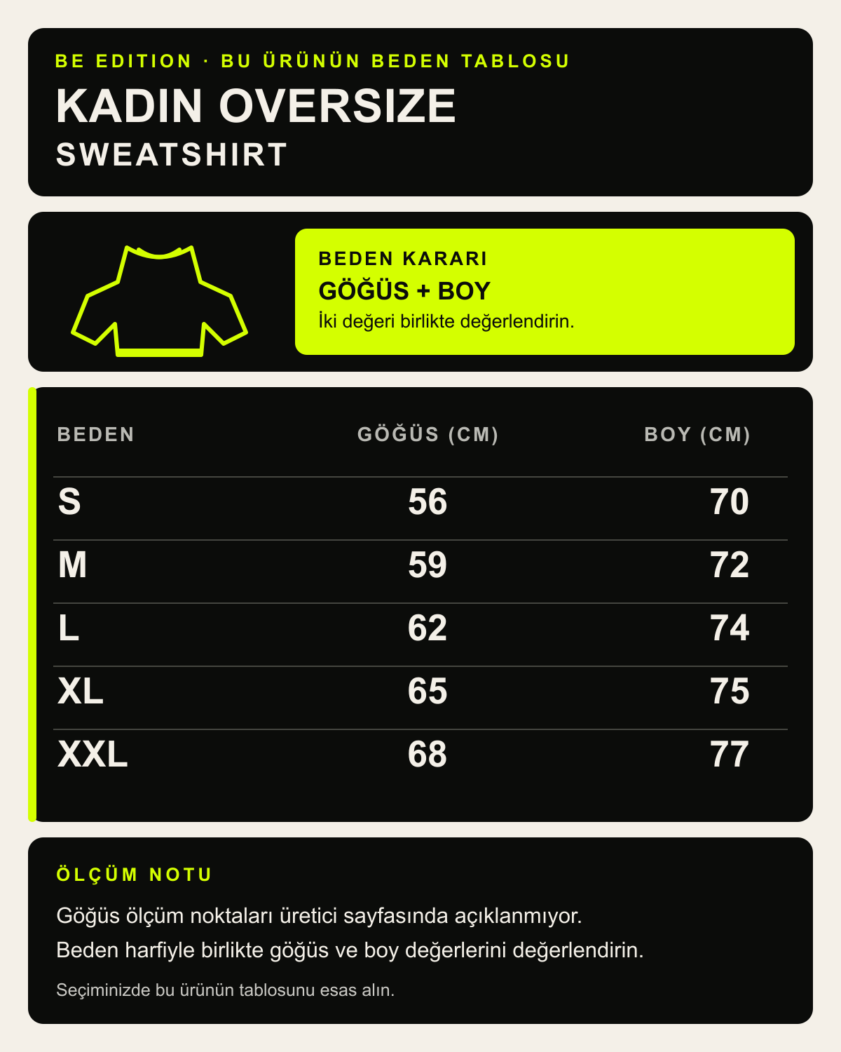 BE EDITION Premium kadın oversize sweatshirt beden ve kalıp tablosu
