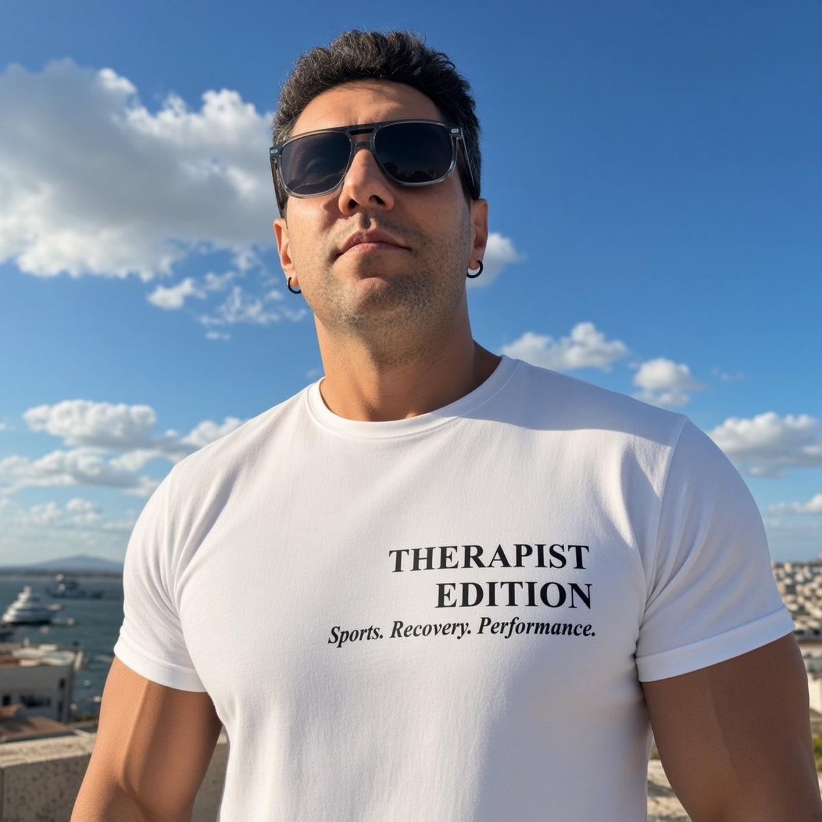 Professional wearing a white Therapist Edition T-shirt