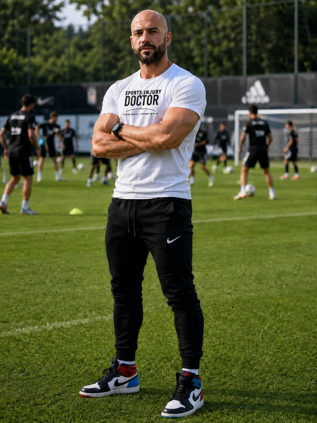 Sports doctor on a football field wearing a Doctor Edition T-shirt