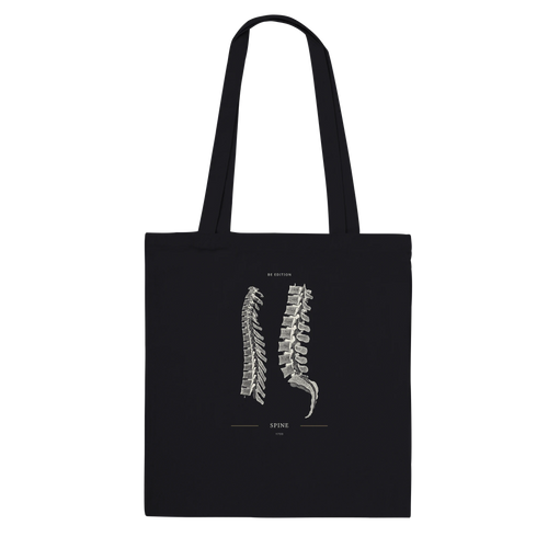 BE EDITION SPINE 1733 black cotton tote with long handles and an anatomical spine print