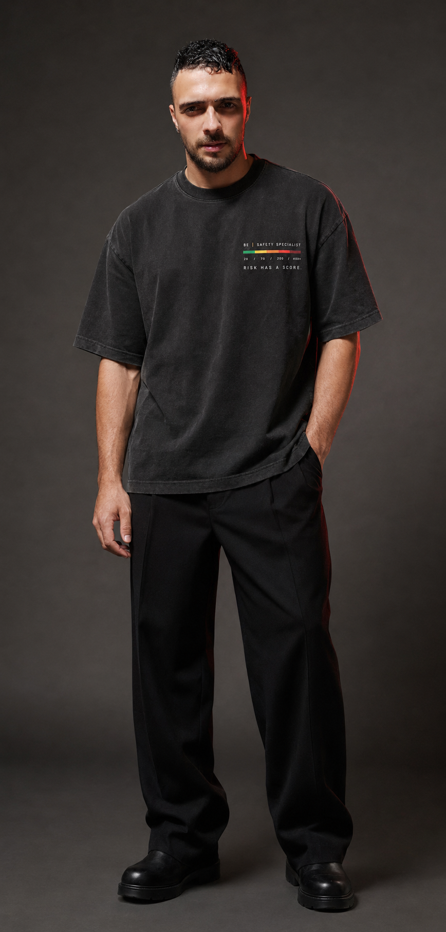 Occupational safety professional wearing a black professional T-shirt