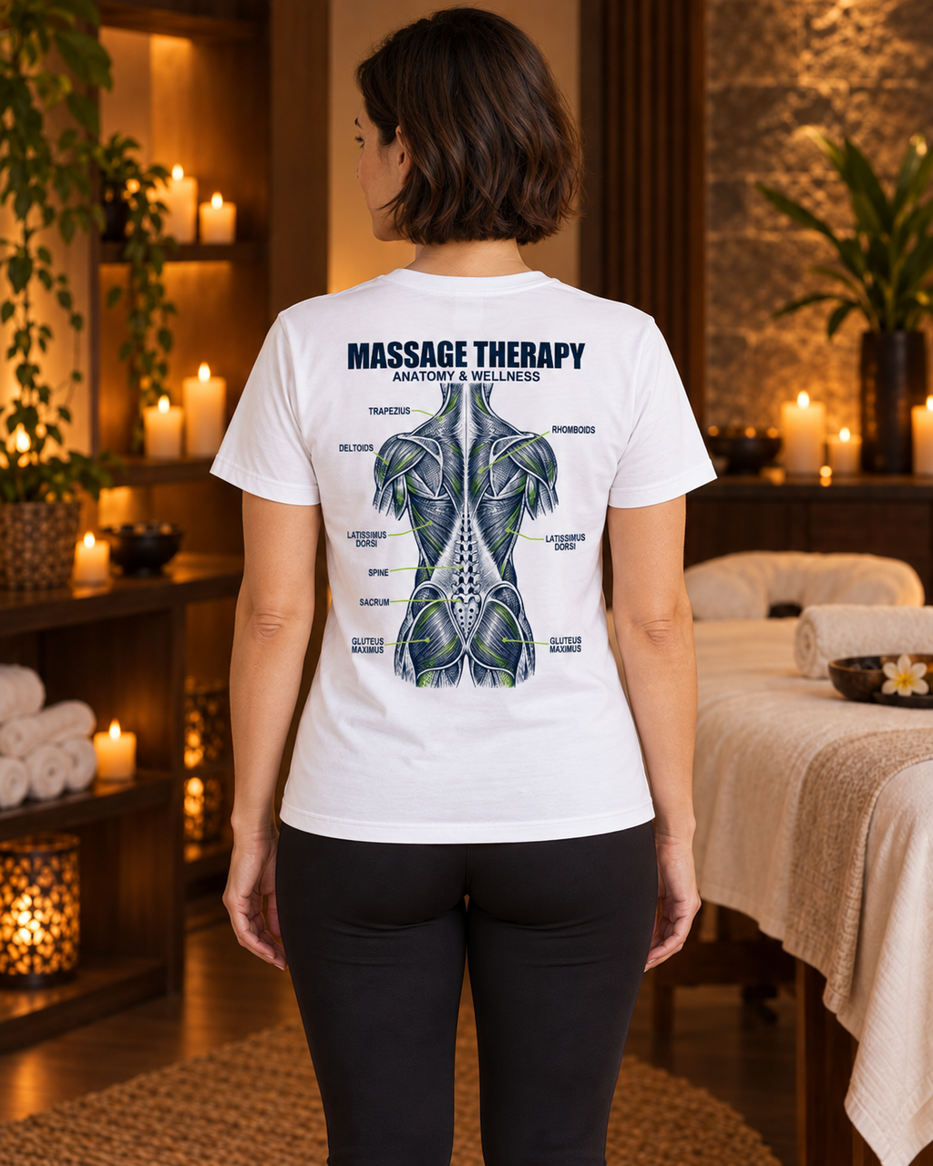 LADY’S Masaj beyaz Basic Kadın Tişört — mumlu spa salonunda kısa saçlı, siyah taytlı manken, arka anatomi baskısı görünümü.