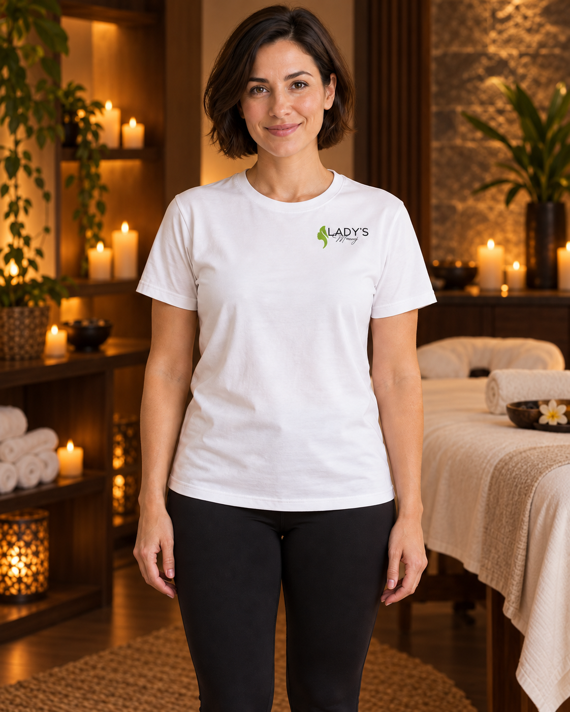 LADY’S Masaj beyaz Basic Kadın Tişört — mumlu spa salonunda kısa saçlı, siyah taytlı manken, ön logo görünümü.