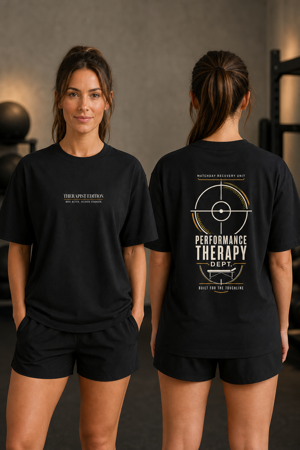 Matchday Performance Therapy siyah tişört ön ve arka manken görünümü