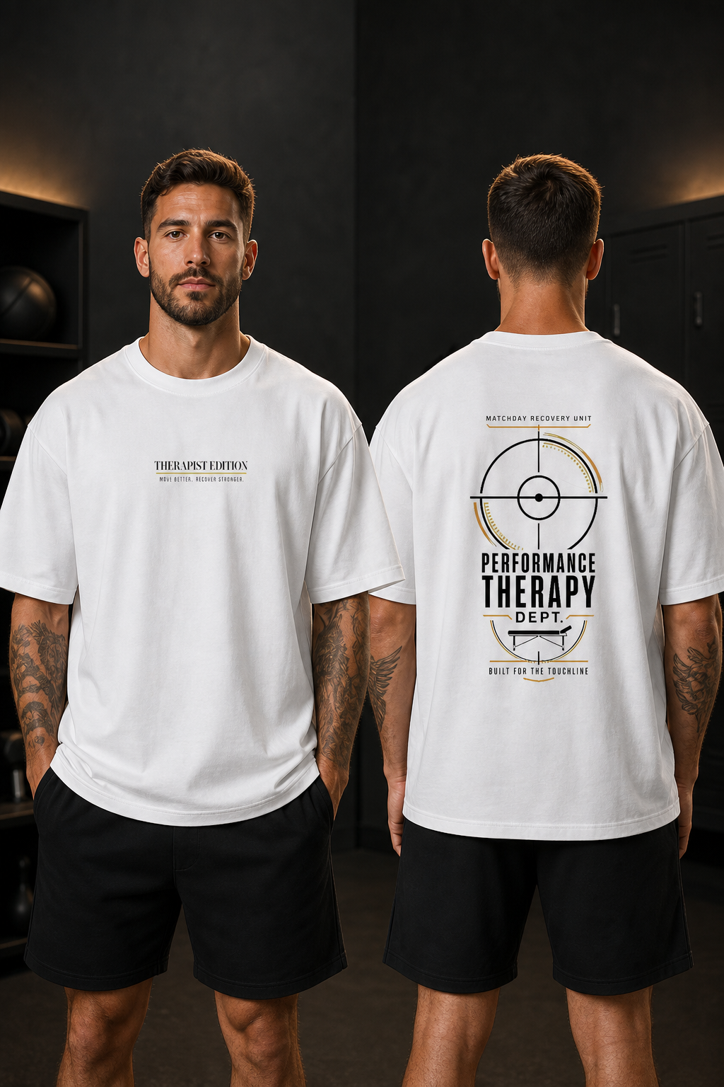 Matchday Performance Therapy beyaz tişört ön ve arka manken görünümü