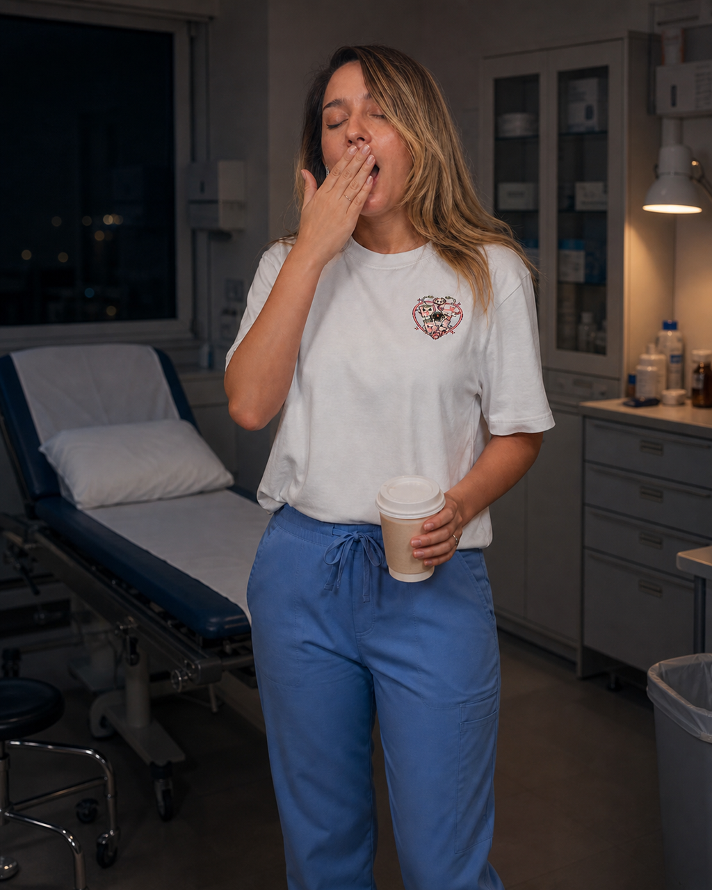 Night Shift Nurse Crew Basic kadın tişört, kadın model üzerinde ön baskı görünümü