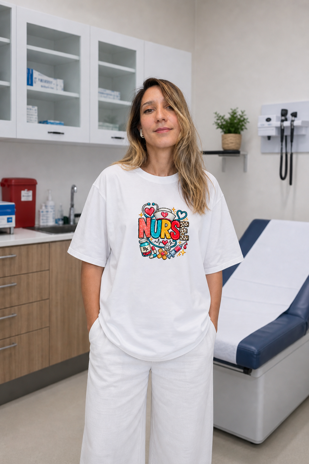 NURSE Pop Art Premium Oversize tişört, kadın model üzerinde ön görünüm