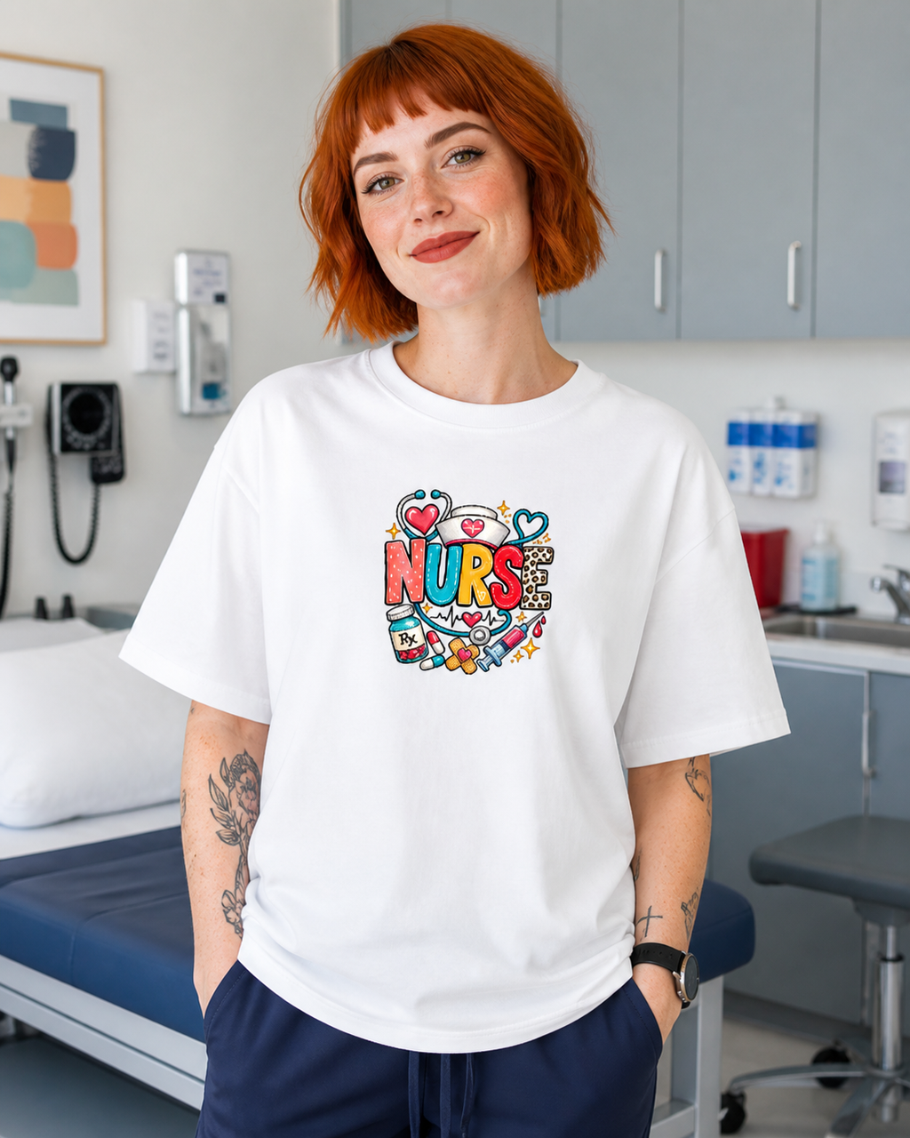 NURSE Pop Art Premium Oversize tişört, kadın model üzerinde ikinci açı