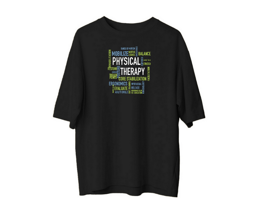 PT-DSG-3816 siyah kadın oversize tişörtün ön yüzü; beyaz, mavi ve yeşil Physical Therapy tipografisi.