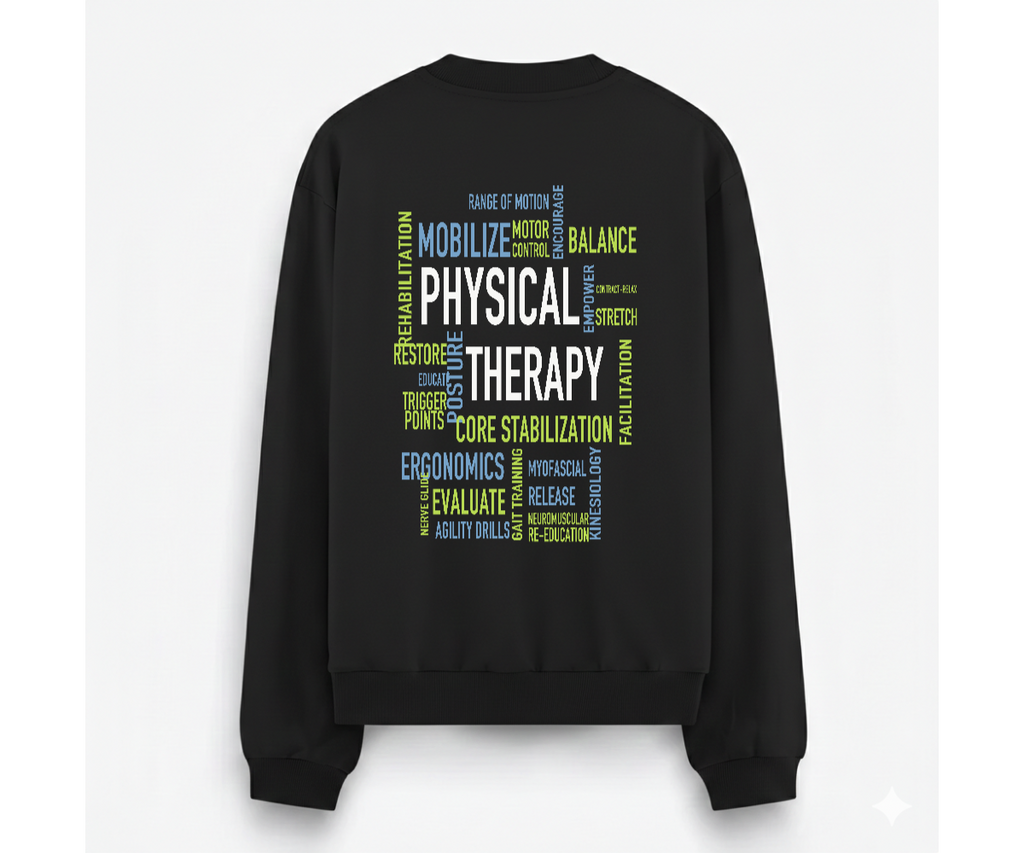 PT-DSG-3818 siyah kadın oversize sweatshirtün arka yüzü; büyük beyaz, mavi ve yeşil Physical Therapy baskısı.