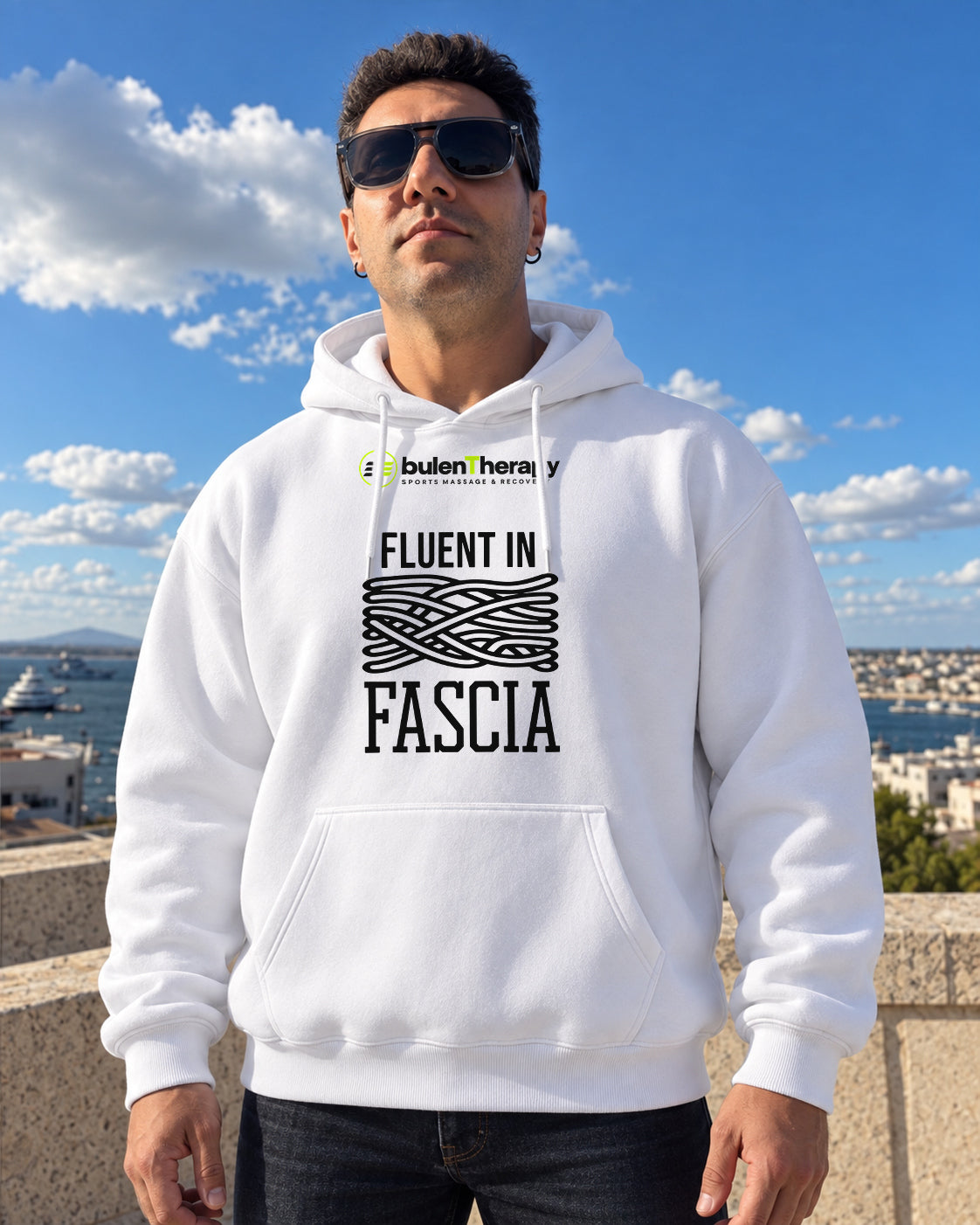 Fluent in Fascia kişisel logolu beyaz Premium Oversize Hoodie — Bülent Ece üzerinde ön görünüm