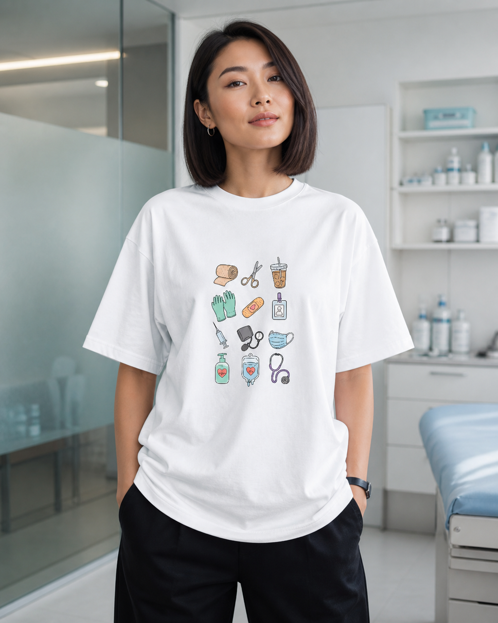 İş Yeri Hemşiresi Shift Essentials Basic kadın tişört, kadın model üzerinde ikinci açı