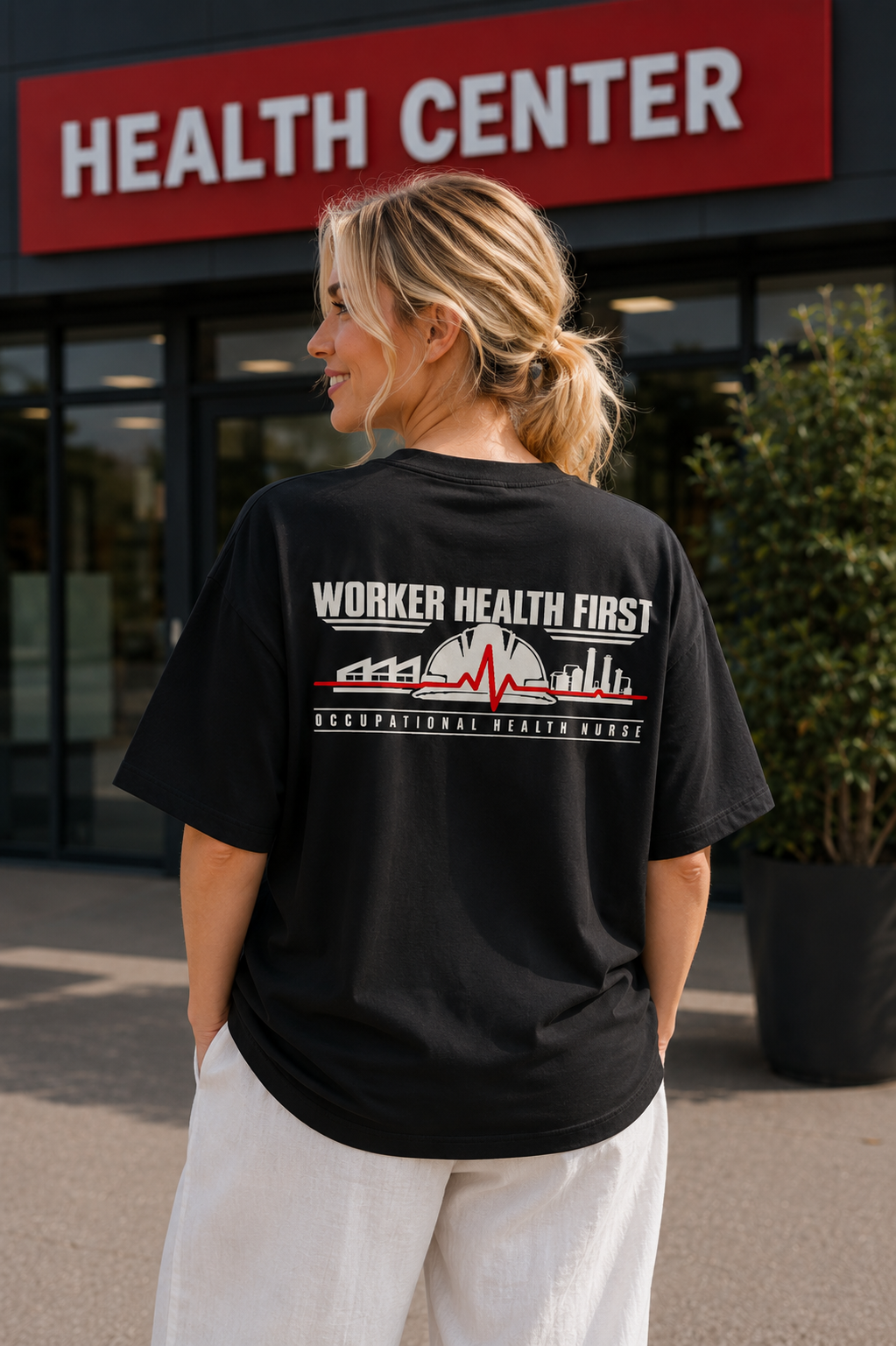 Worker Health First siyah Premium Oversize kadın tişört arka baskı görünümü